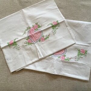 Vintage Thomaston American Mood Embroidered Heart Rose Pillowcase Pair White 2pk